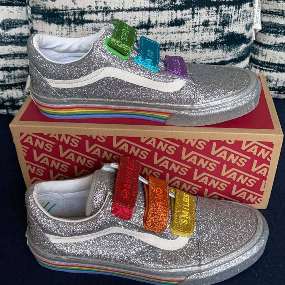 Vans Silver Glitter Sneakers with Rainbow Straps